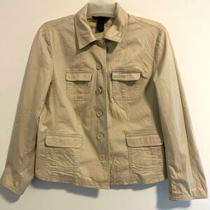 Tan Khaki Utility Jacket with Collared Neckline and Long Sleeves